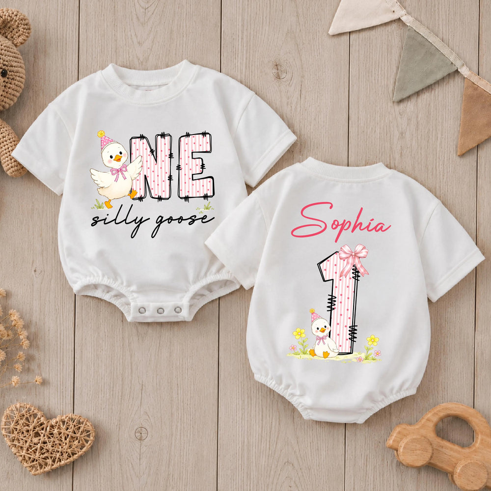 Personalized Baby Girl First Birthday Romper with Silly Goose Design and Pink Party Hat Custom Name Outfit Soft Cotton Celebration Clothes