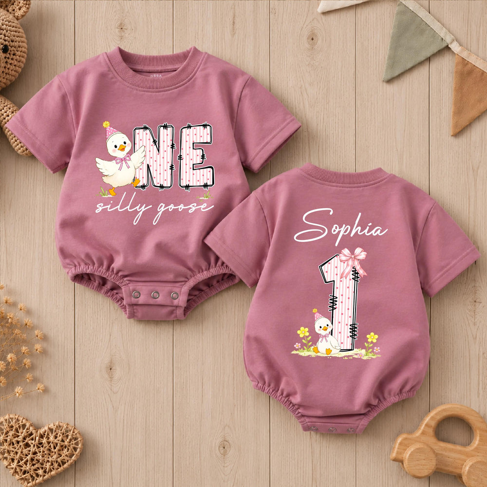 Personalized Baby Girl First Birthday Romper with Silly Goose Design and Pink Party Hat Custom Name Outfit Soft Cotton Celebration Clothes