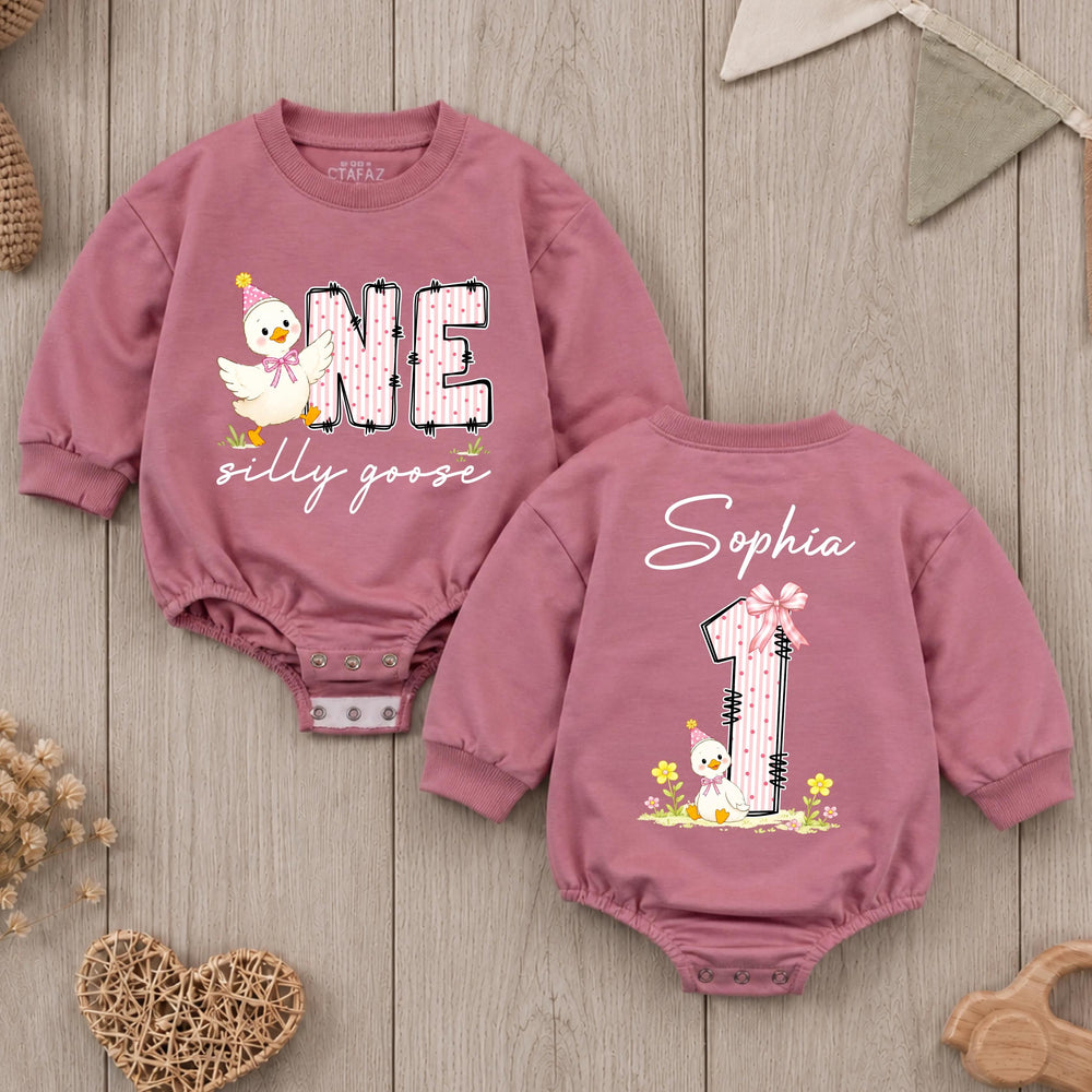 Personalized Baby Girl First Birthday Romper with Silly Goose Design and Pink Party Hat Custom Name Outfit Soft Cotton Celebration Clothes