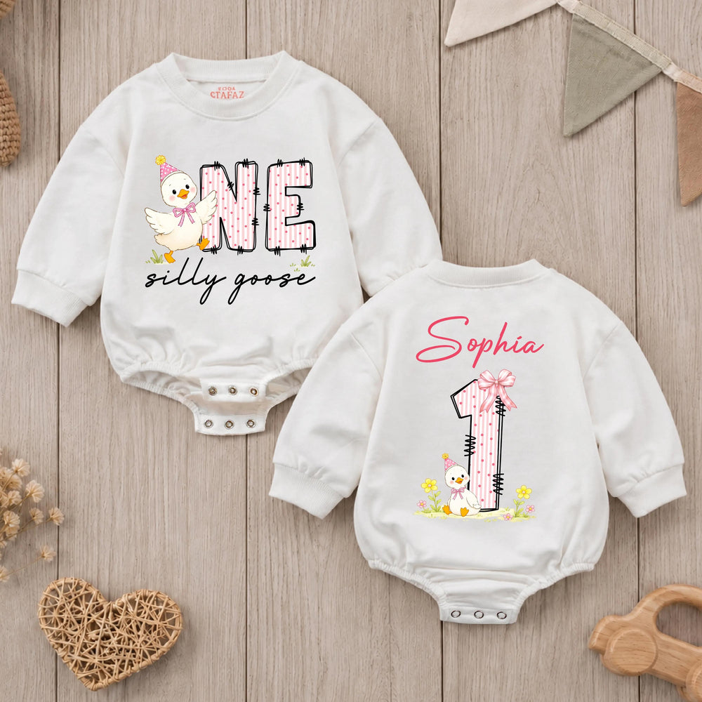 Personalized Baby Girl First Birthday Romper with Silly Goose Design and Pink Party Hat Custom Name Outfit Soft Cotton Celebration Clothes
