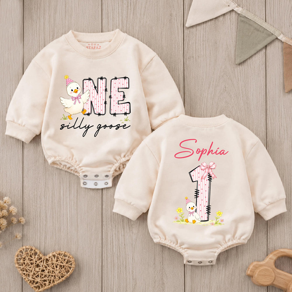 Personalized Baby Girl First Birthday Romper with Silly Goose Design and Pink Party Hat Custom Name Outfit Soft Cotton Celebration Clothes