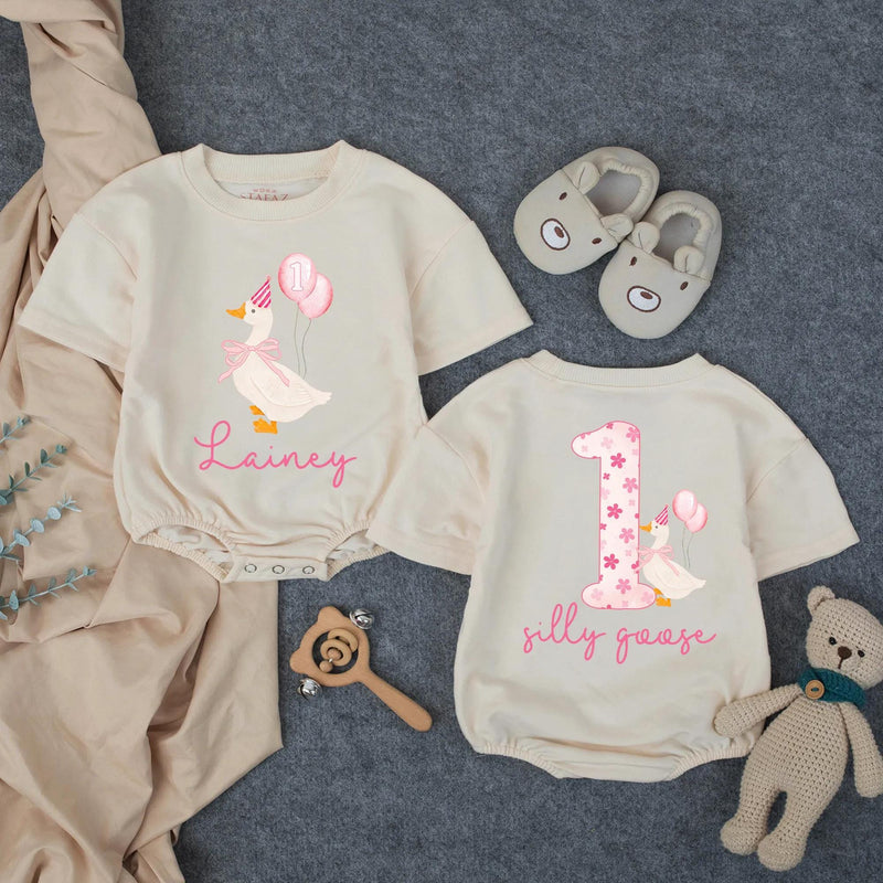 Personalized Baby Girl First Birthday Romper with Silly Goose and Pink Balloons, Custom Name Outfit for Infant Party Celebration