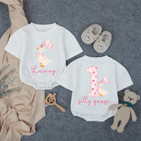 Personalized Baby Girl First Birthday Romper with Silly Goose and Pink Balloons, Custom Name Outfit for Infant Party Celebration