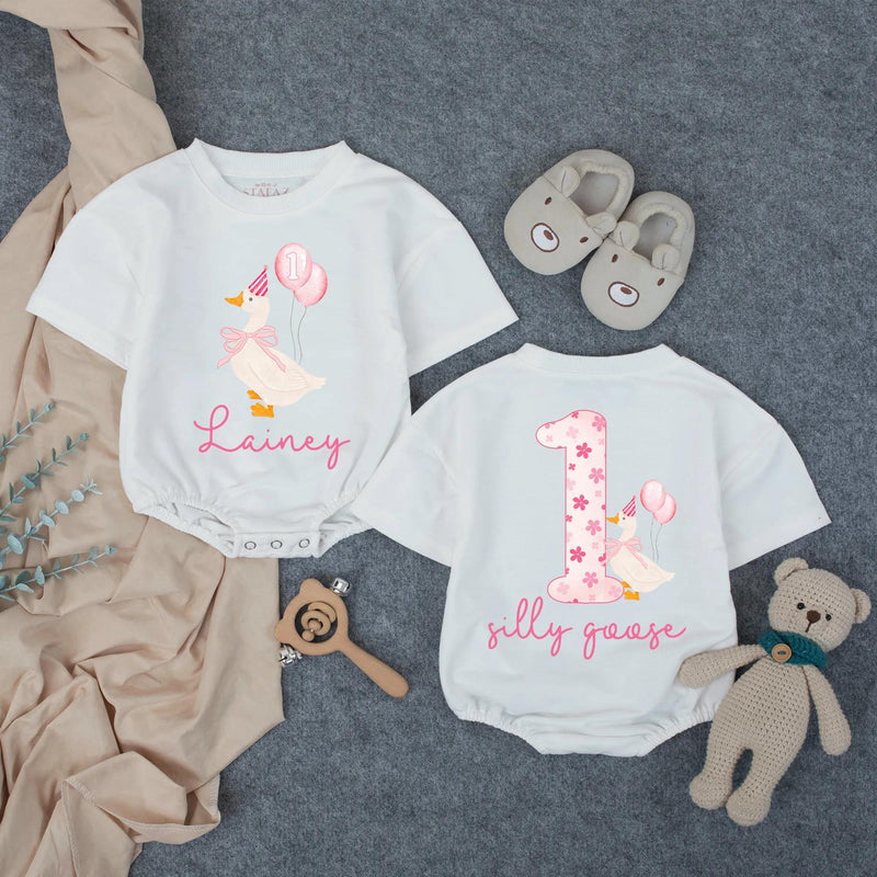 Personalized Baby Girl First Birthday Romper with Silly Goose and Pink Balloons, Custom Name Outfit for Infant Party Celebration
