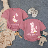Personalized Baby Girl First Birthday Romper with Silly Goose and Pink Balloons, Custom Name Outfit for Infant Party Celebration