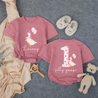 Personalized Baby Girl First Birthday Romper with Silly Goose and Pink Balloons, Custom Name Outfit for Infant Party Celebration