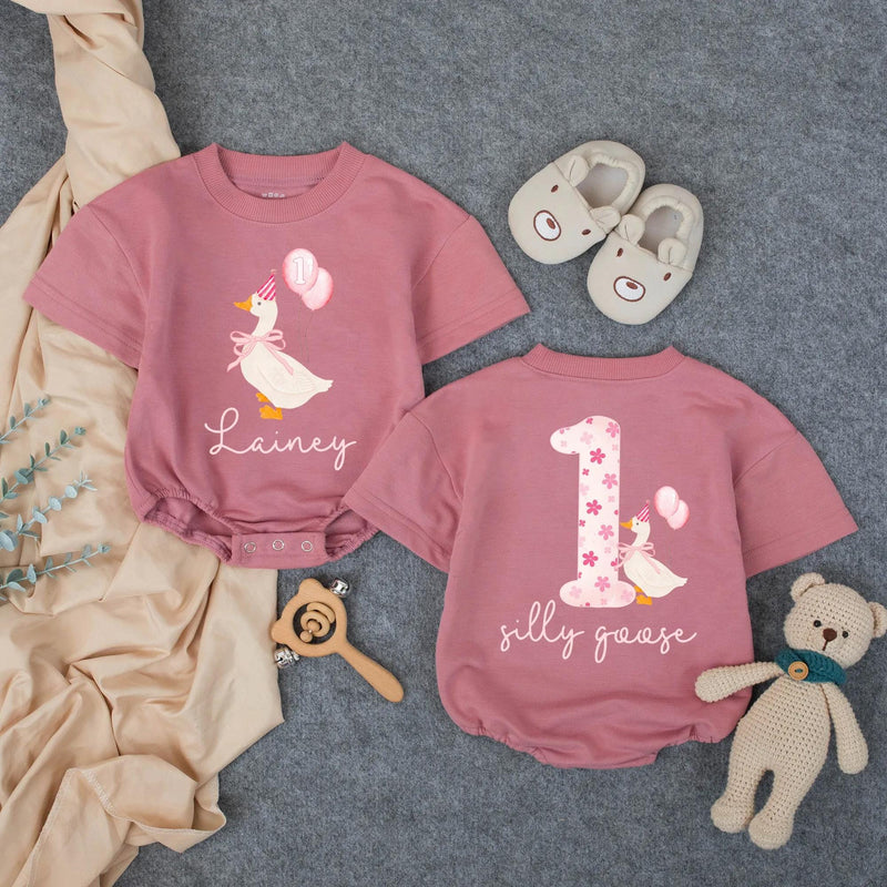 Personalized Baby Girl First Birthday Romper with Silly Goose and Pink Balloons, Custom Name Outfit for Infant Party Celebration