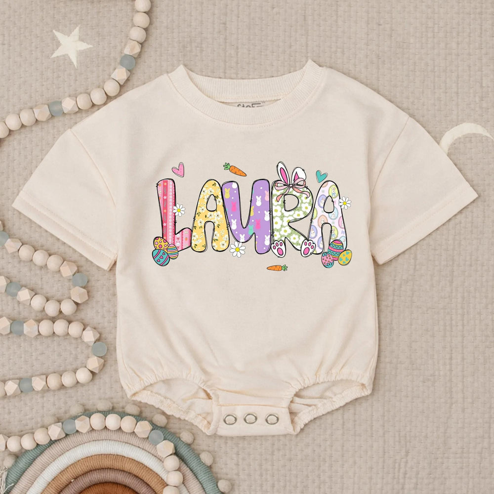 Personalized Baby Girl First Easter Romper with Pastel Bunny Floral Design, Soft Cotton Outfit for Holiday, Custom Name Gift Keepsake