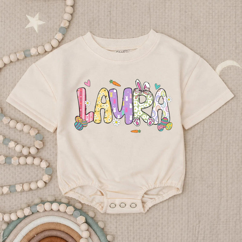 Personalized Baby Girl First Easter Romper with Pastel Bunny Floral Design, Soft Cotton Outfit for Holiday, Custom Name Gift Keepsake