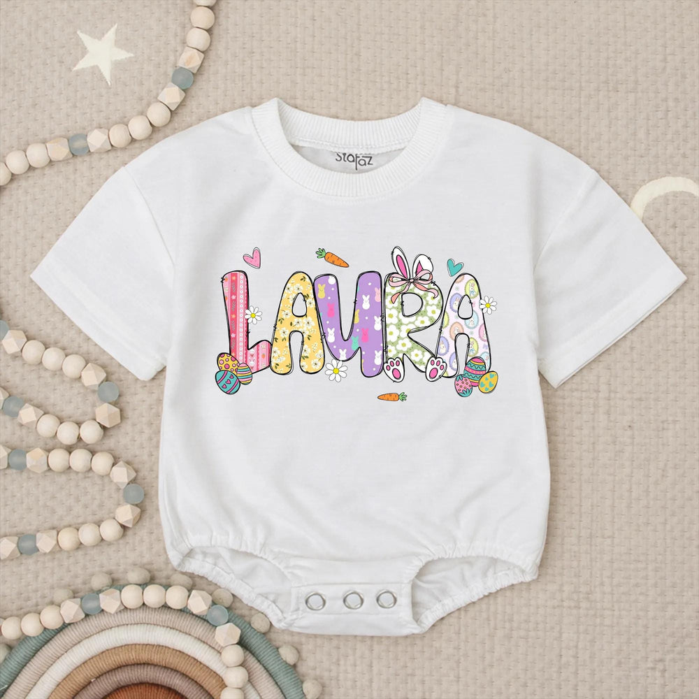 Personalized Baby Girl First Easter Romper with Pastel Bunny Floral Design, Soft Cotton Outfit for Holiday, Custom Name Gift Keepsake