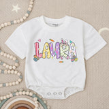 Personalized Baby Girl First Easter Romper with Pastel Bunny Floral Design, Soft Cotton Outfit for Holiday, Custom Name Gift Keepsake