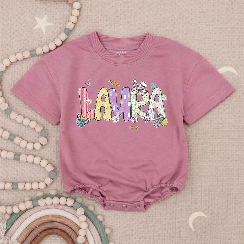 Personalized Baby Girl First Easter Romper with Pastel Bunny Floral Design, Soft Cotton Outfit for Holiday, Custom Name Gift Keepsake