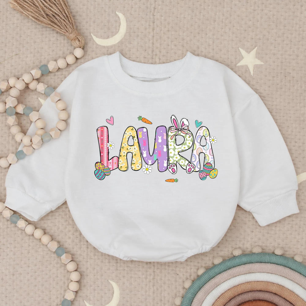 Personalized Baby Girl First Easter Romper with Pastel Bunny Floral Design, Soft Cotton Outfit for Holiday, Custom Name Gift Keepsake