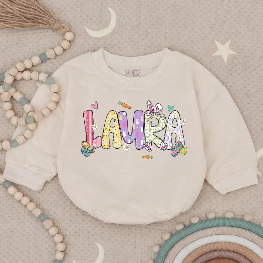 Personalized Baby Girl First Easter Romper with Pastel Bunny Floral Design, Soft Cotton Outfit for Holiday, Custom Name Gift Keepsake