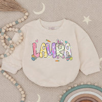 Personalized Baby Girl First Easter Romper with Pastel Bunny Floral Design, Soft Cotton Outfit for Holiday, Custom Name Gift Keepsake