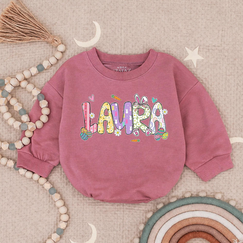 Personalized Baby Girl First Easter Romper with Pastel Bunny Floral Design, Soft Cotton Outfit for Holiday, Custom Name Gift Keepsake