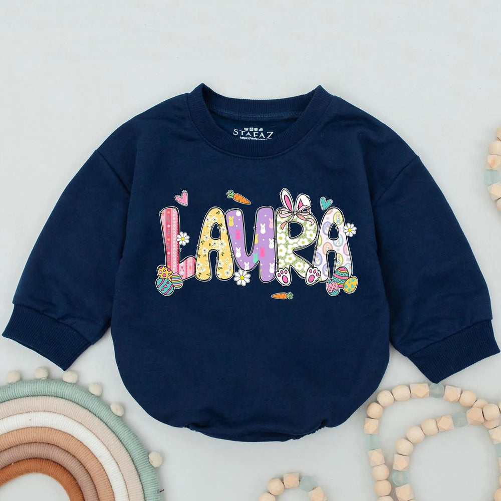 Personalized Baby Girl First Easter Romper with Pastel Bunny Floral Design, Soft Cotton Outfit for Holiday, Custom Name Gift Keepsake