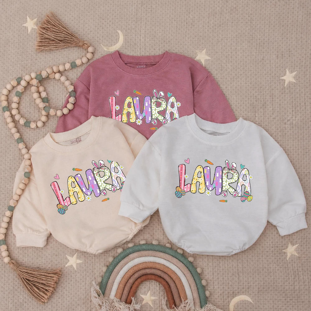 Personalized Baby Girl First Easter Romper with Pastel Bunny Floral Design, Soft Cotton Outfit for Holiday, Custom Name Gift Keepsake