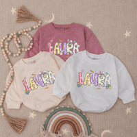 Personalized Baby Girl First Easter Romper with Pastel Bunny Floral Design, Soft Cotton Outfit for Holiday, Custom Name Gift Keepsake