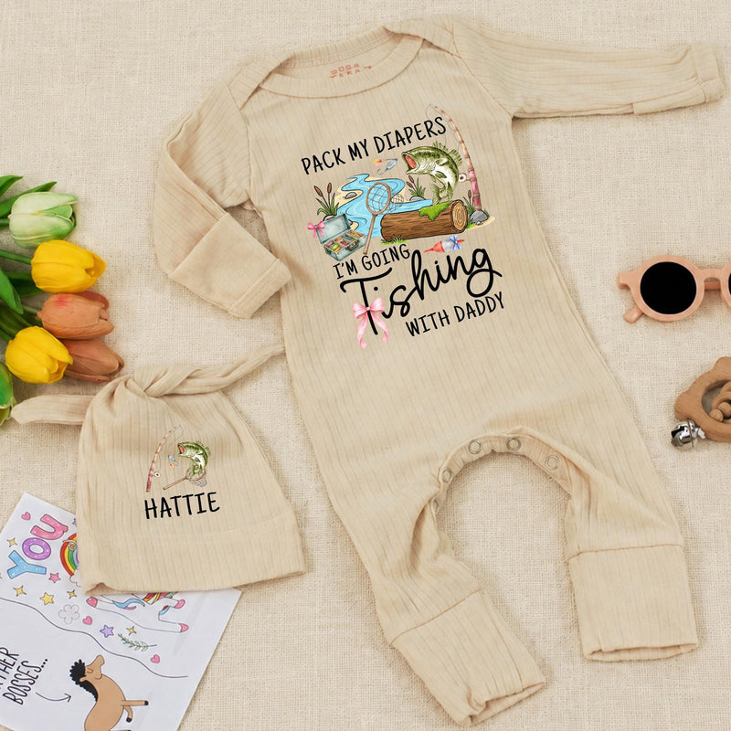 Personalized Baby Girl Fishing Bodysuit Set with Name, Pack My Diapers I’m Going Fishing with Daddy Outfit, Cute Going Home Clothes