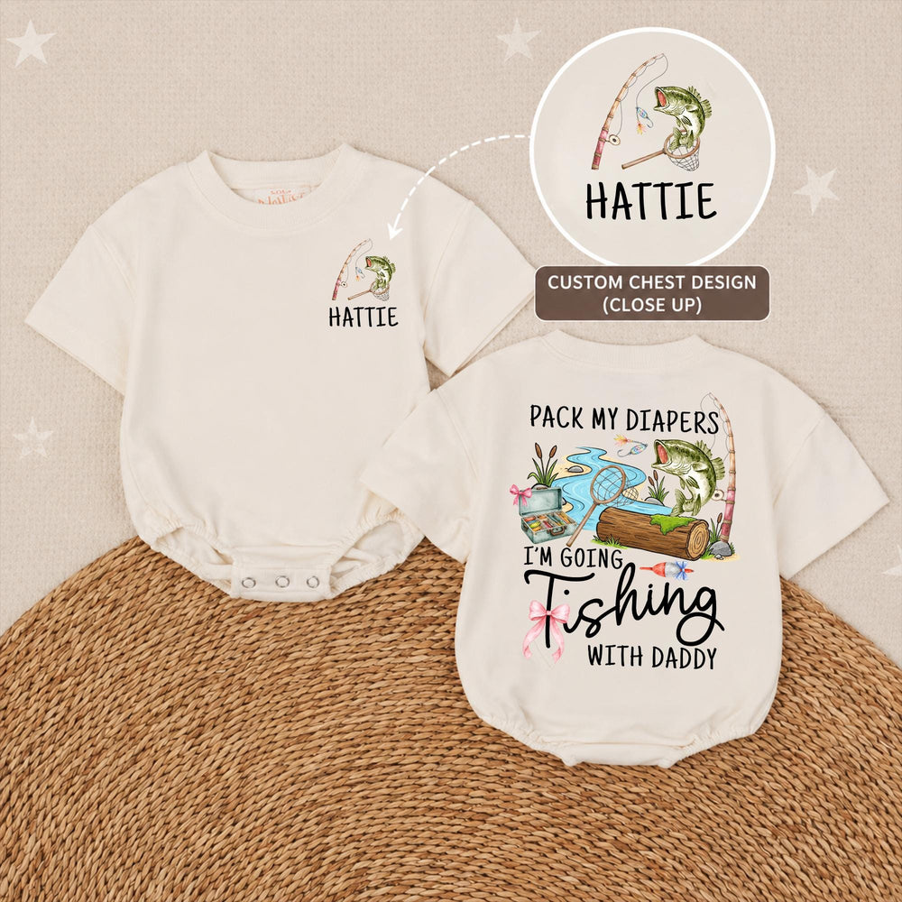 Personalized Baby Girl Fishing Romper with Custom Name Hattie, Pack My Diapers I’m Going Fishing with Daddy Outfit, Soft Cotton Design