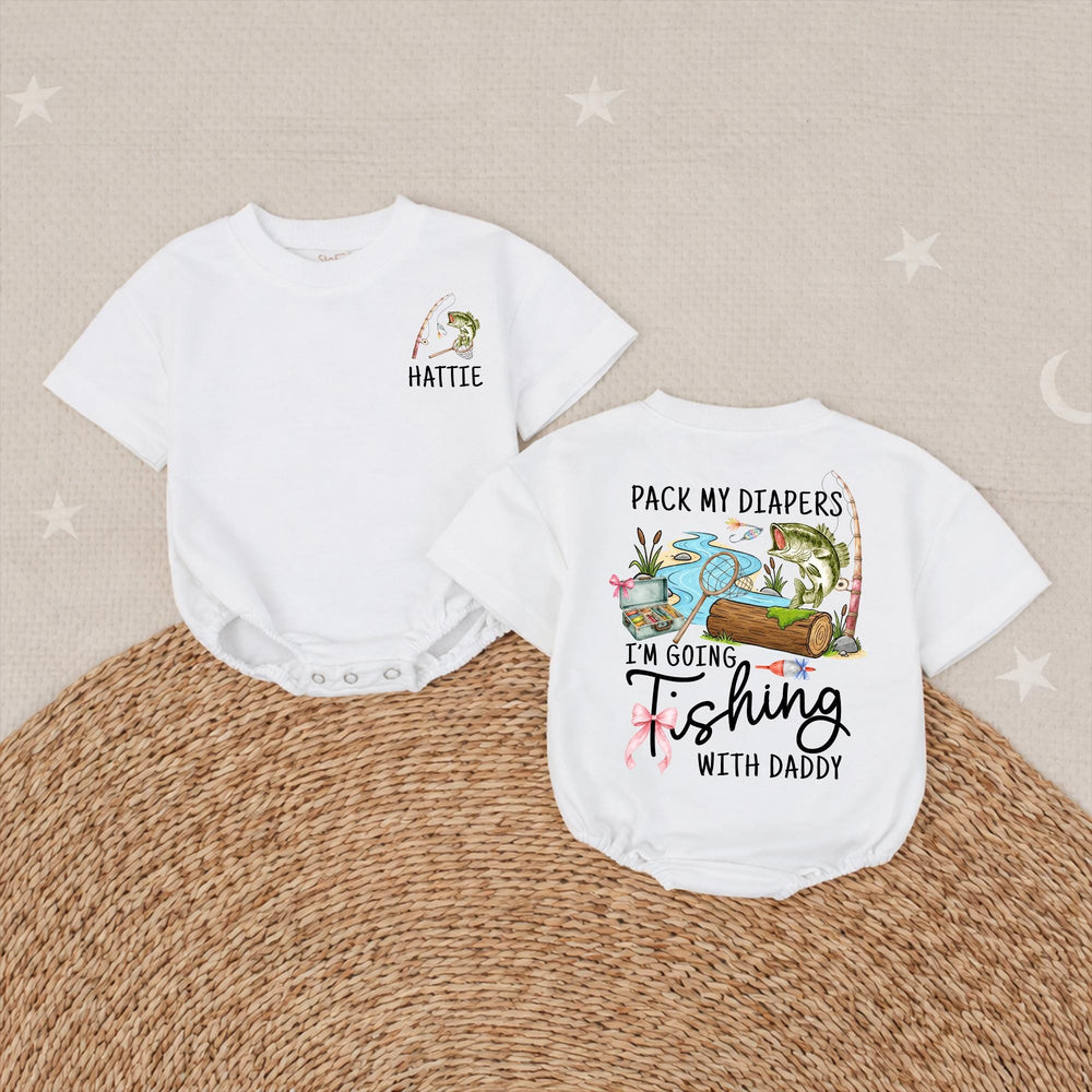 Personalized Baby Girl Fishing Romper with Custom Name Hattie, Pack My Diapers I’m Going Fishing with Daddy Outfit, Soft Cotton Design