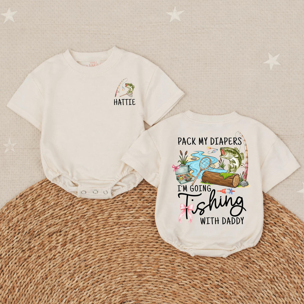 Personalized Baby Girl Fishing Romper with Custom Name Hattie, Pack My Diapers I’m Going Fishing with Daddy Outfit, Soft Cotton Design