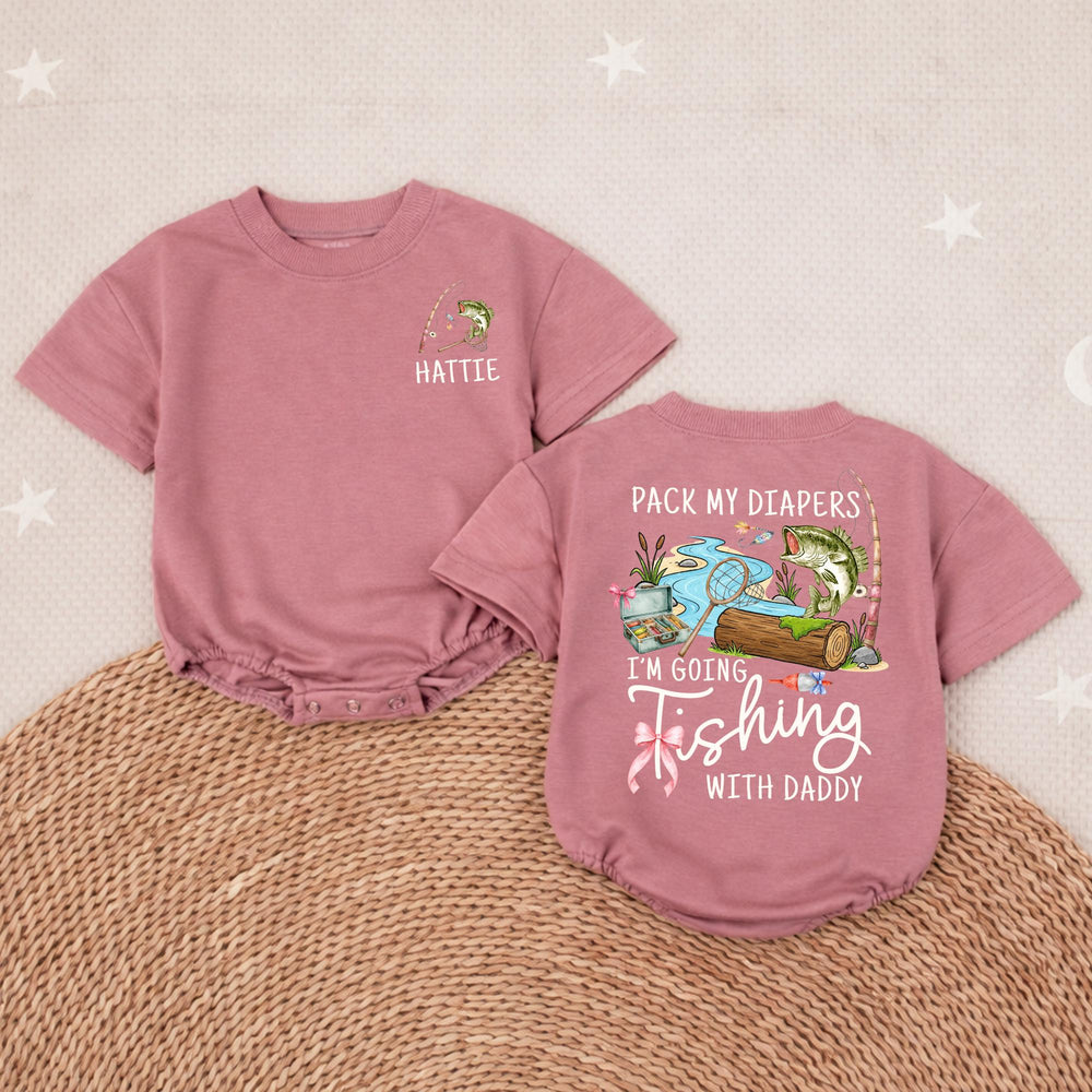 Personalized Baby Girl Fishing Romper with Custom Name Hattie, Pack My Diapers I’m Going Fishing with Daddy Outfit, Soft Cotton Design