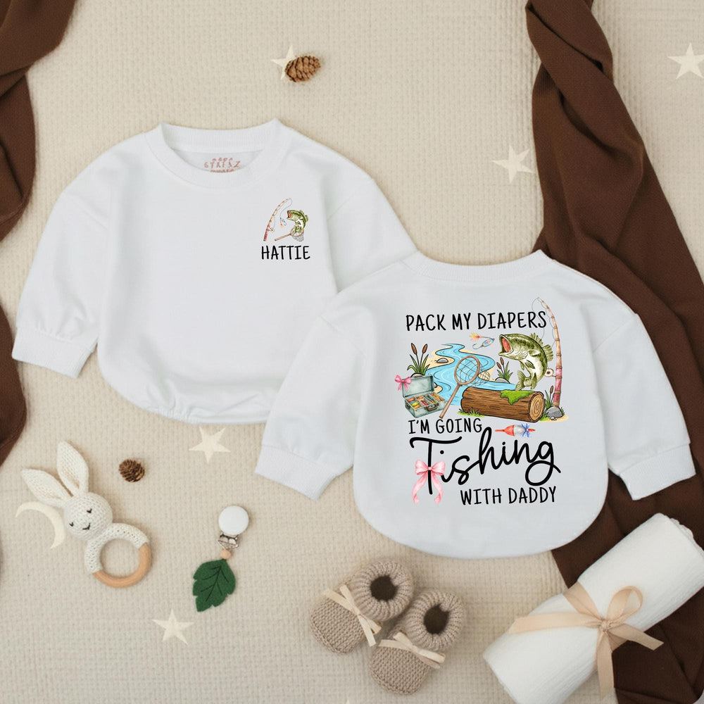 Personalized Baby Girl Fishing Romper with Custom Name Hattie, Pack My Diapers I’m Going Fishing with Daddy Outfit, Soft Cotton Design