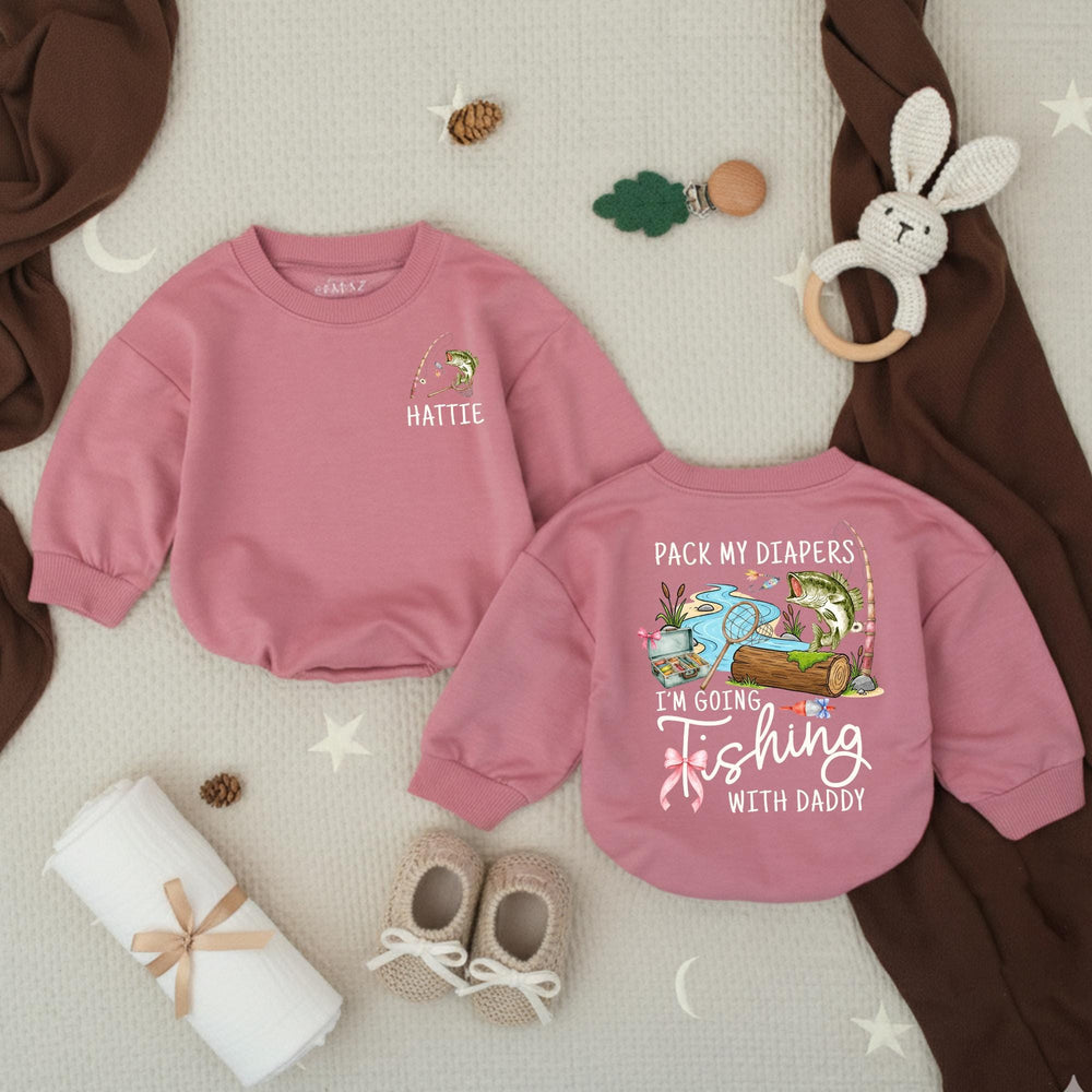 Personalized Baby Girl Fishing Romper with Custom Name Hattie, Pack My Diapers I’m Going Fishing with Daddy Outfit, Soft Cotton Design