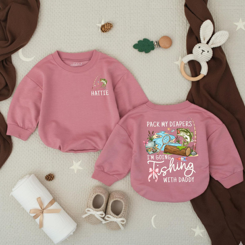 Personalized Baby Girl Fishing Romper with Custom Name Hattie, Pack My Diapers I’m Going Fishing with Daddy Outfit, Soft Cotton Design