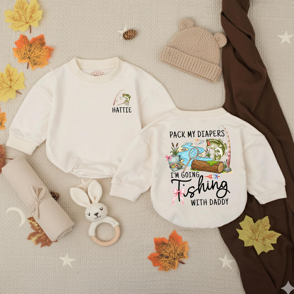 Personalized Baby Girl Fishing Romper with Custom Name Hattie, Pack My Diapers I’m Going Fishing with Daddy Outfit, Soft Cotton Design