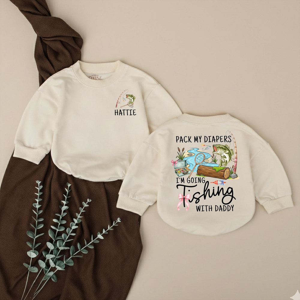 Personalized Baby Girl Fishing Romper with Custom Name Hattie, Pack My Diapers I’m Going Fishing with Daddy Outfit, Soft Cotton Design