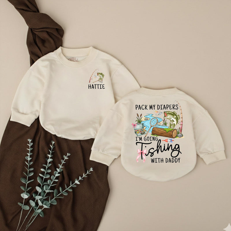 Personalized Baby Girl Fishing Romper with Custom Name Hattie, Pack My Diapers I’m Going Fishing with Daddy Outfit, Soft Cotton Design