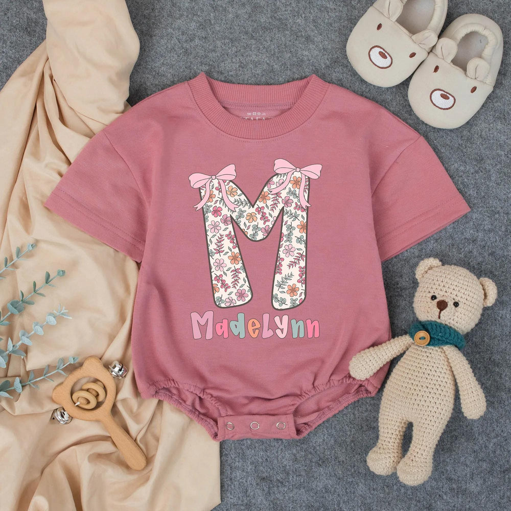 Personalized Baby Girl Floral Romper with Name Vintage Summer Outfit Soft Cotton Toddler Clothes Birthday Gift Pastel Pink Bow Design