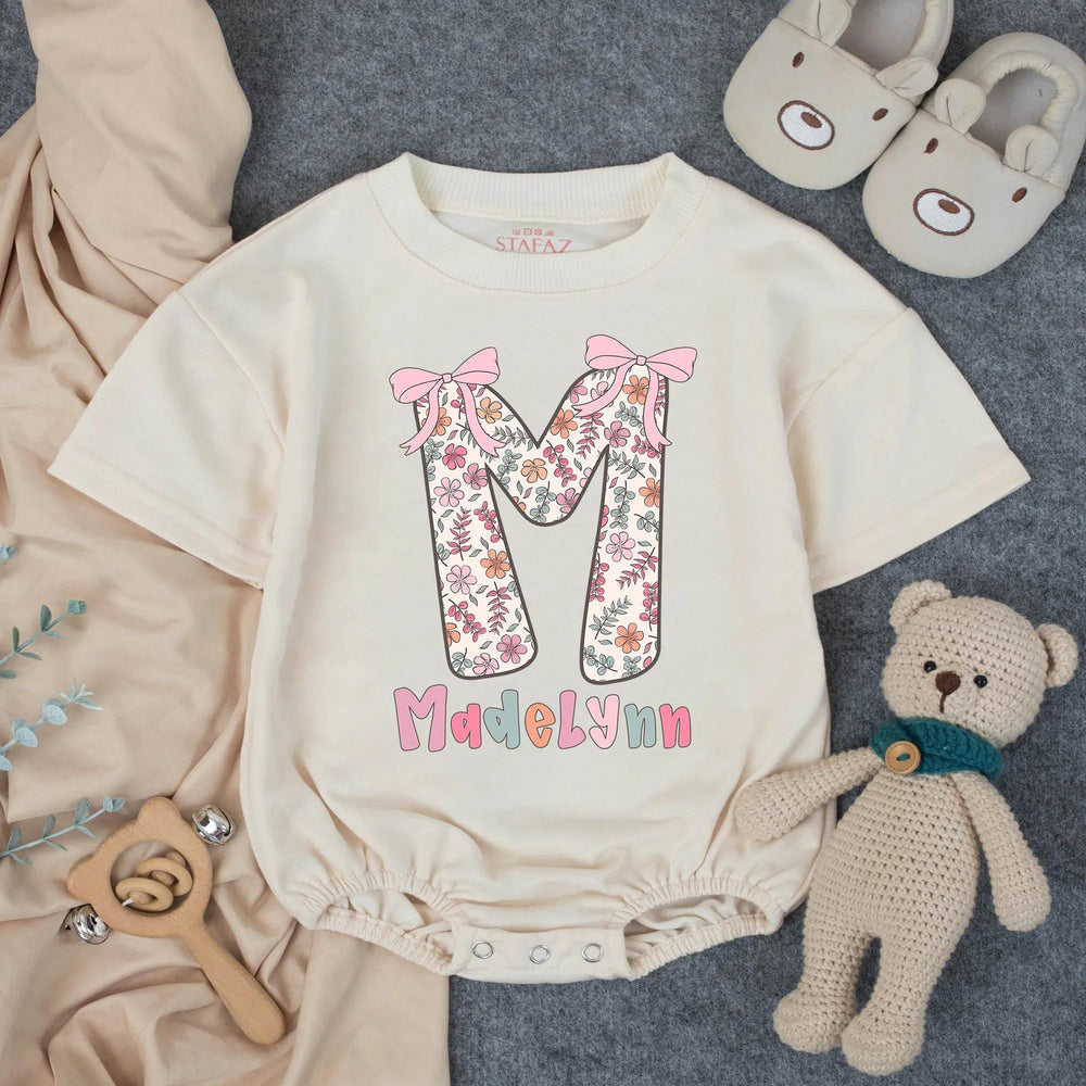 Personalized Baby Girl Floral Romper with Name Vintage Summer Outfit Soft Cotton Toddler Clothes Birthday Gift Pastel Pink Bow Design