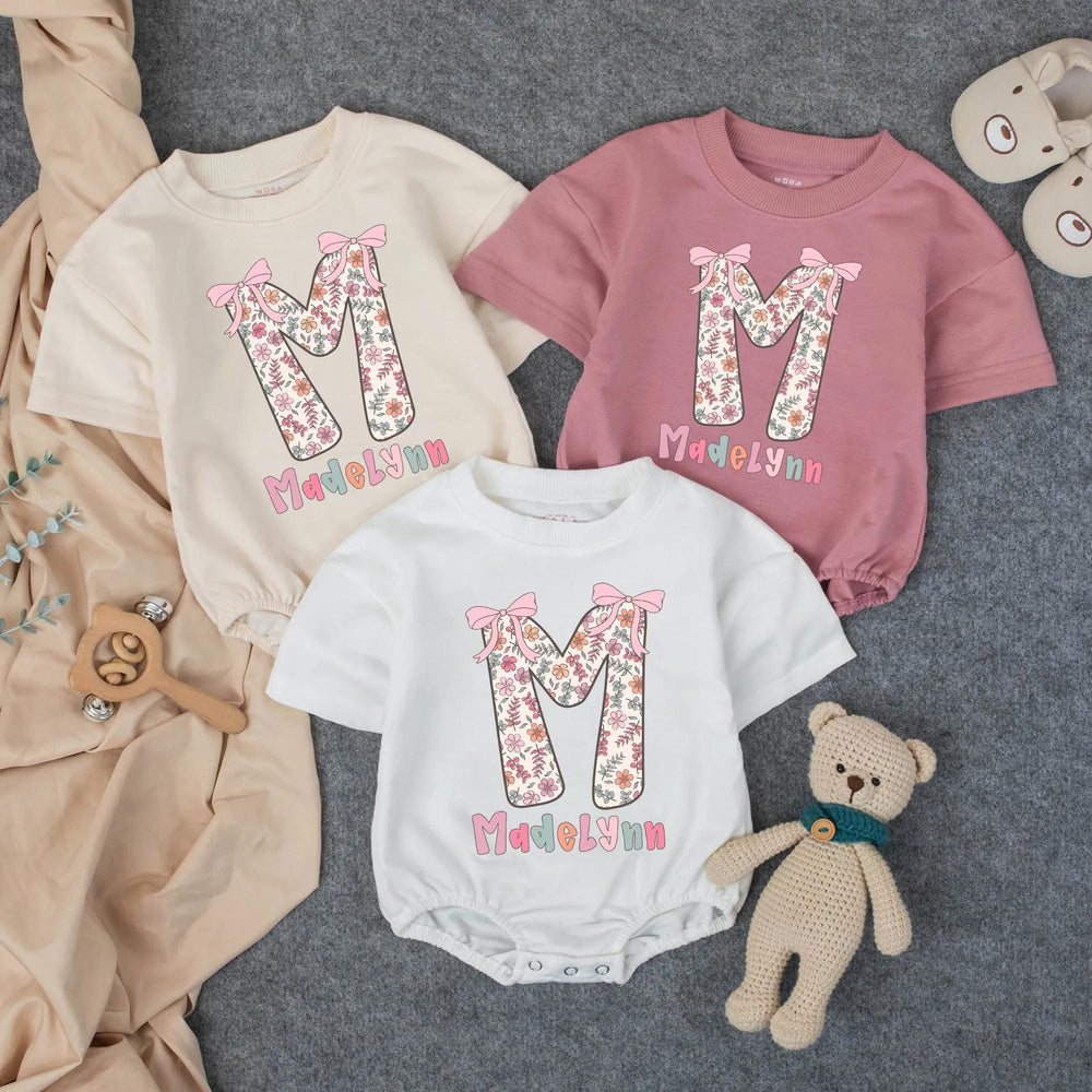Personalized Baby Girl Floral Romper with Name Vintage Summer Outfit Soft Cotton Toddler Clothes Birthday Gift Pastel Pink Bow Design