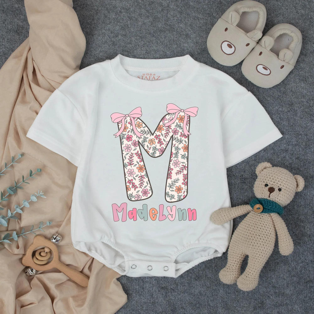 Personalized Baby Girl Floral Romper with Name Vintage Summer Outfit Soft Cotton Toddler Clothes Birthday Gift Pastel Pink Bow Design