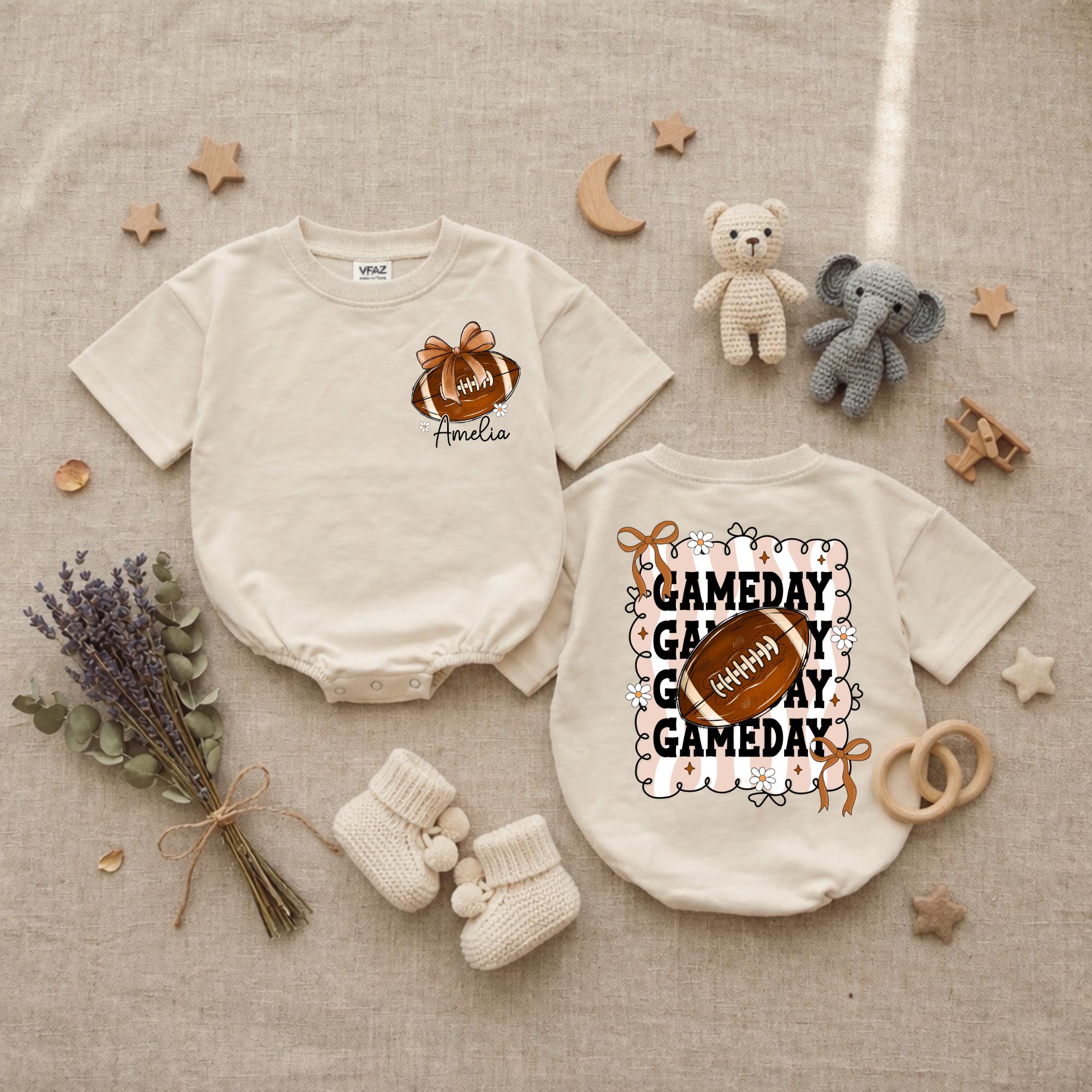 Custom Baby Girl Football Game Day Romper with Name, Long Sleeve Outfit, Retro Floral Bow Design, Soft Cotton Bodysuit for Fall Events