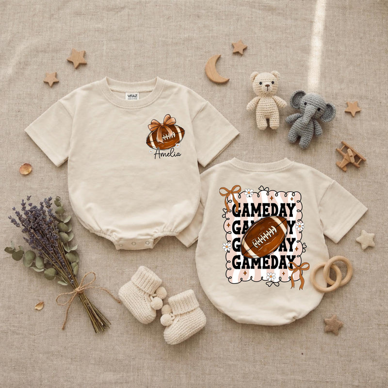 Personalized Baby Girl Football Romper with Bow Retro Gameday Design Custom Name Outfit Soft Cotton Infant Clothes Birthday Gift