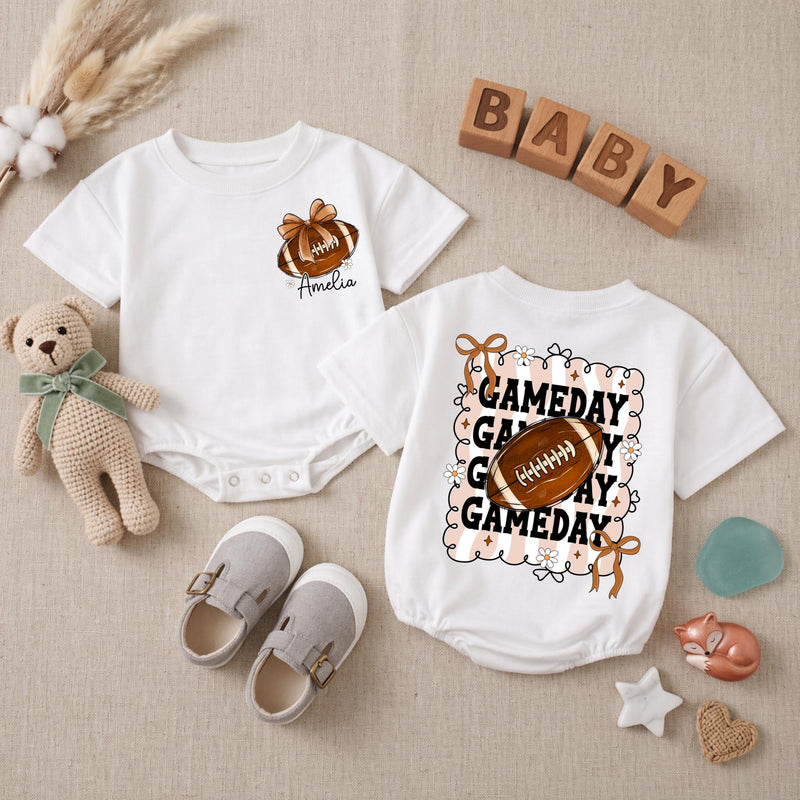 Personalized Baby Girl Football Romper with Bow Retro Gameday Design Custom Name Outfit Soft Cotton Infant Clothes Birthday Gift