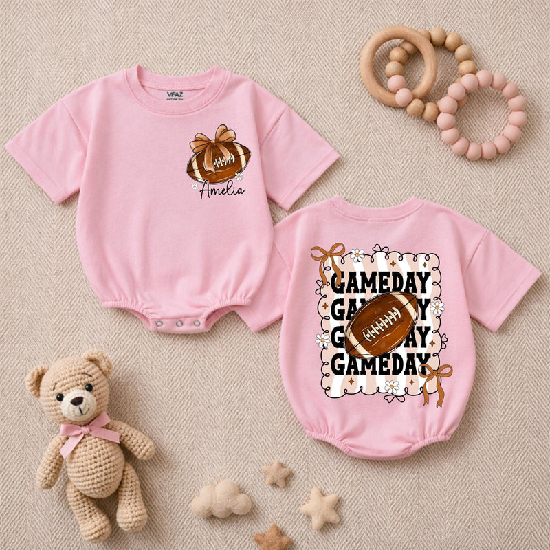 Personalized Baby Girl Football Romper with Bow Retro Gameday Design Custom Name Outfit Soft Cotton Infant Clothes Birthday Gift