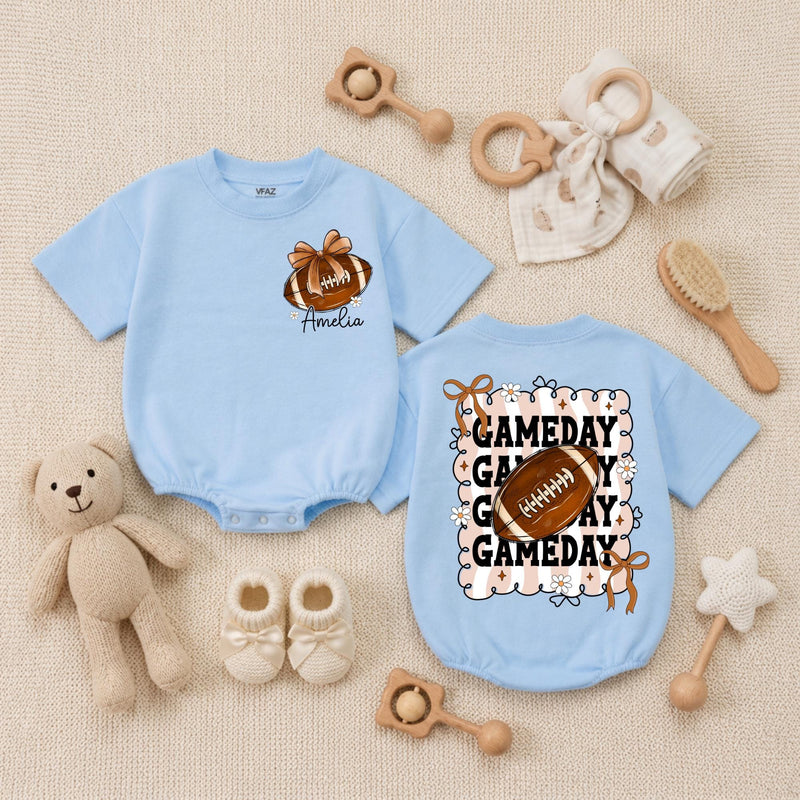Personalized Baby Girl Football Romper with Bow Retro Gameday Design Custom Name Outfit Soft Cotton Infant Clothes Birthday Gift