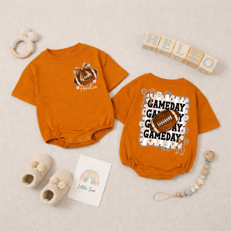 Personalized Baby Girl Football Romper with Bow Retro Gameday Design Custom Name Outfit Soft Cotton Infant Clothes Birthday Gift