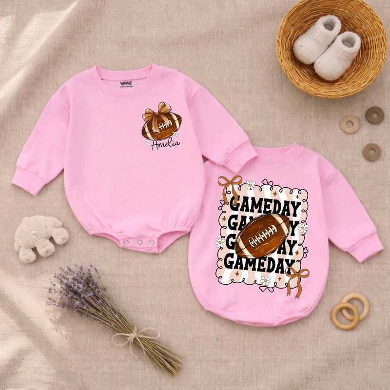 Personalized Baby Girl Football Romper with Bow Retro Gameday Design Custom Name Outfit Soft Cotton Infant Clothes Birthday Gift