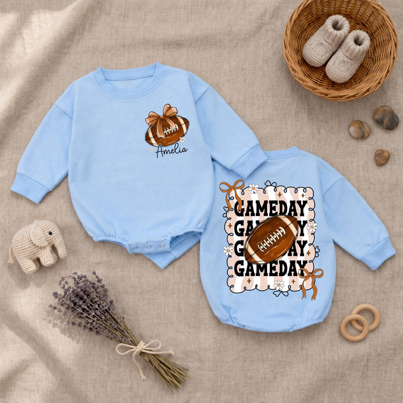 Personalized Baby Girl Football Romper with Bow Retro Gameday Design Custom Name Outfit Soft Cotton Infant Clothes Birthday Gift