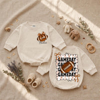 Personalized Baby Girl Football Romper with Bow Retro Gameday Design Custom Name Outfit Soft Cotton Infant Clothes Birthday Gift