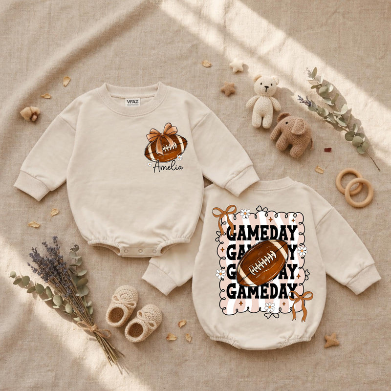 Personalized Baby Girl Football Romper with Bow Retro Gameday Design Custom Name Outfit Soft Cotton Infant Clothes Birthday Gift