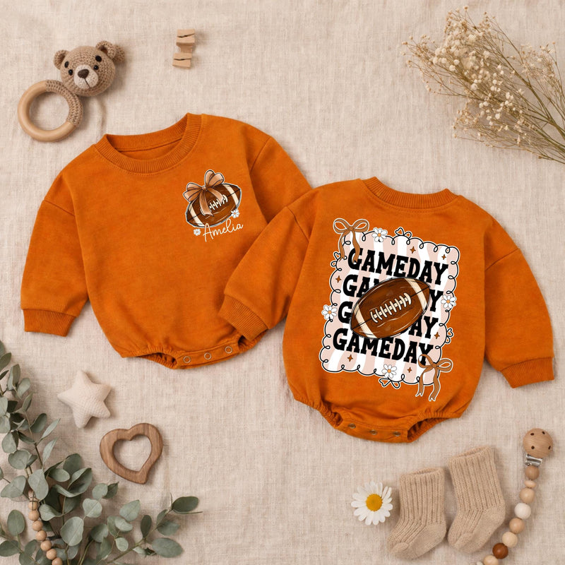 Personalized Baby Girl Football Romper with Bow Retro Gameday Design Custom Name Outfit Soft Cotton Infant Clothes Birthday Gift