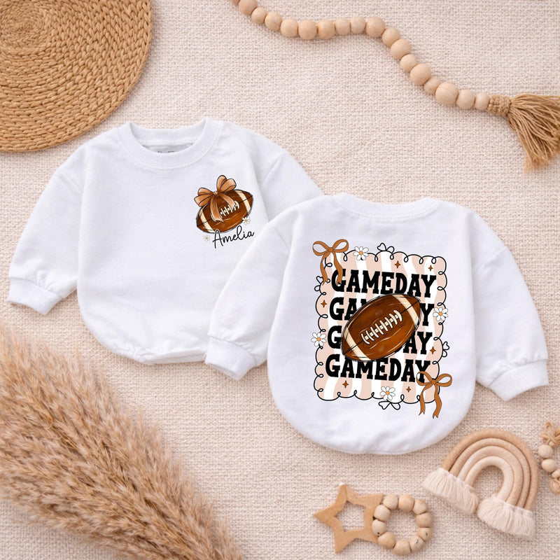 Personalized Baby Girl Football Romper with Bow Retro Gameday Design Custom Name Outfit Soft Cotton Infant Clothes Birthday Gift